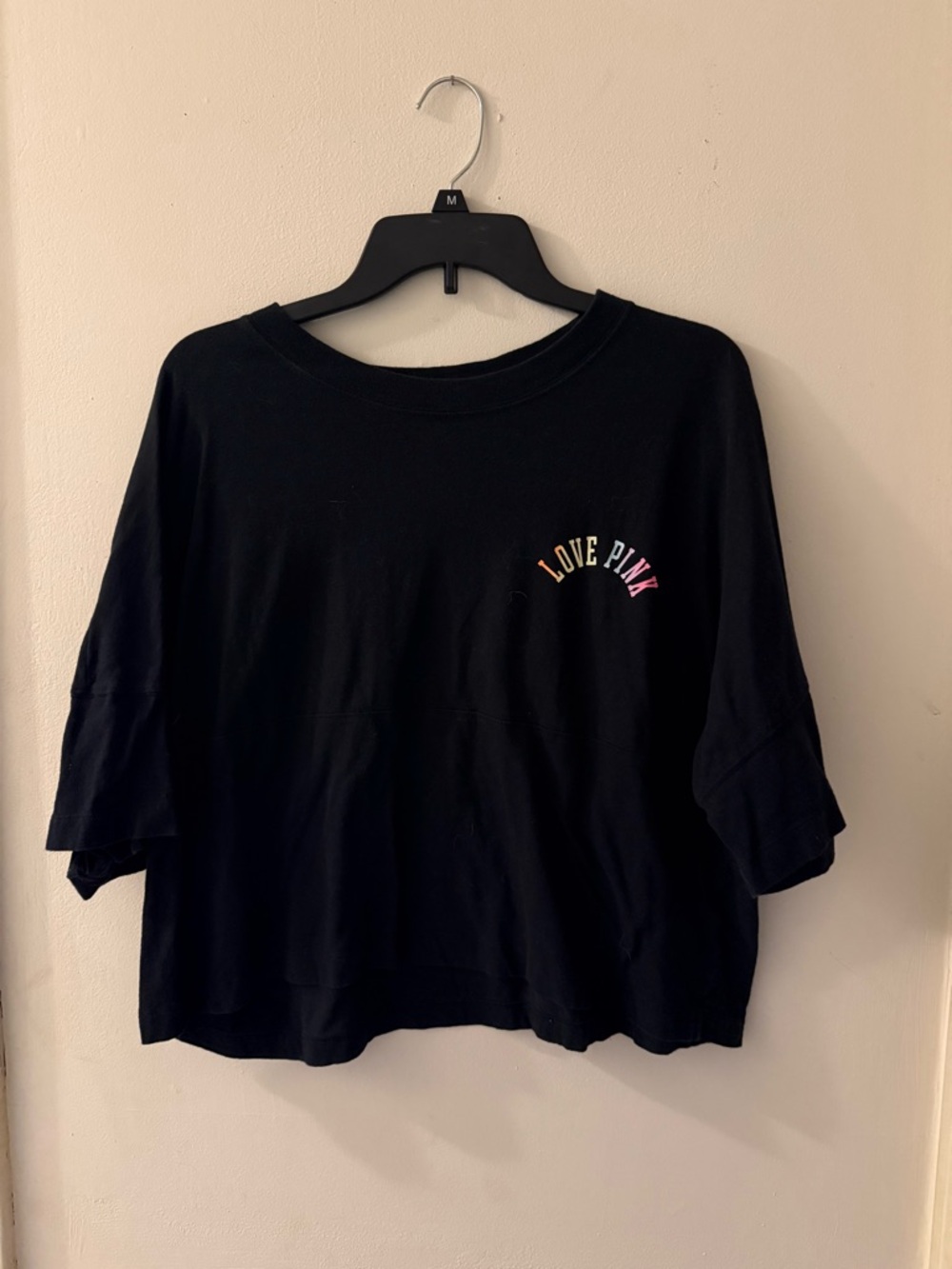 PINK Victoria's Secret Black Cropped Tee with Multicolor 'Love Pink' Logo